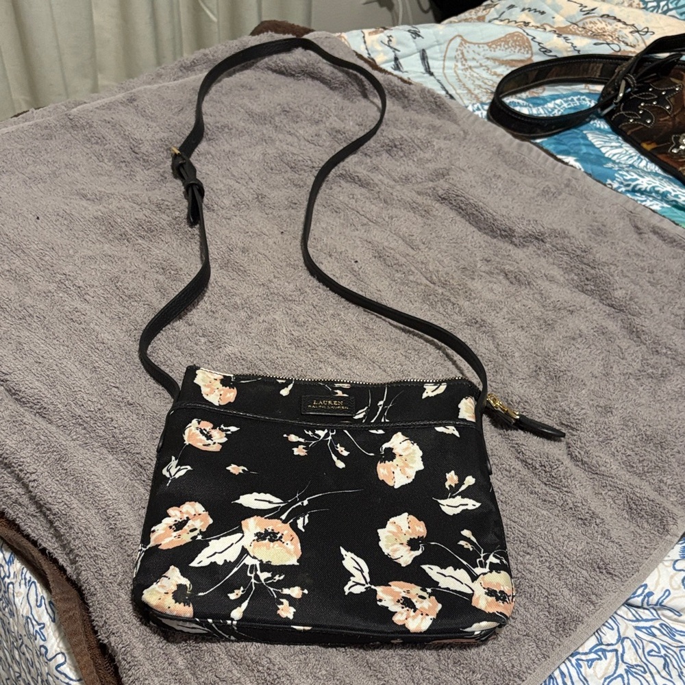 Floral Crossbody Bag in Black and Peach - Lightweight Everyday Shoulder Bag